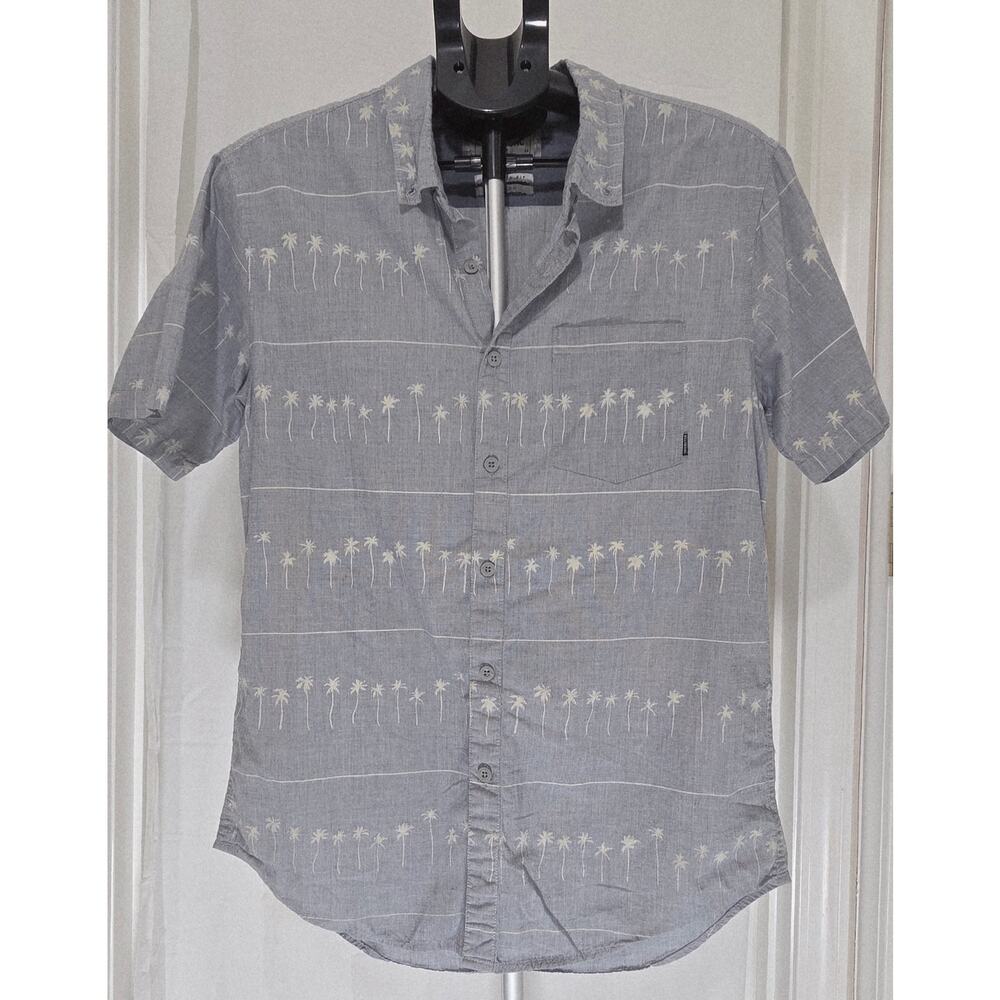 Billabong Mens Medium Palm Tree Shirt Gray Button Up Short Sleeve Stretch